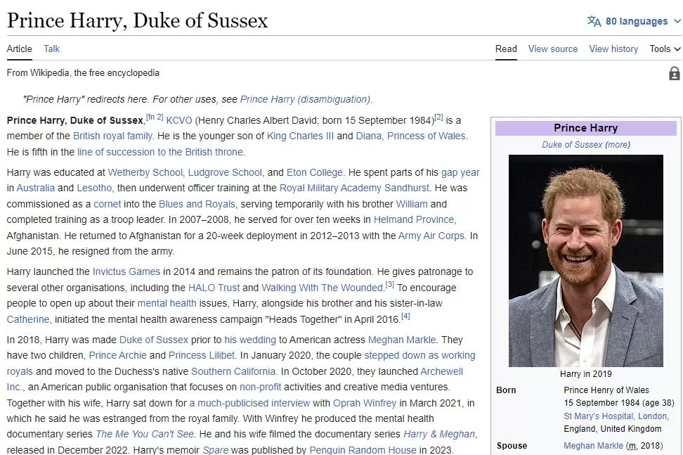 Harry de Inglaterra perdió el privilegio de ser llamado "Alteza real" y solo será Duque de Sussex  / Foto: Wikipedia