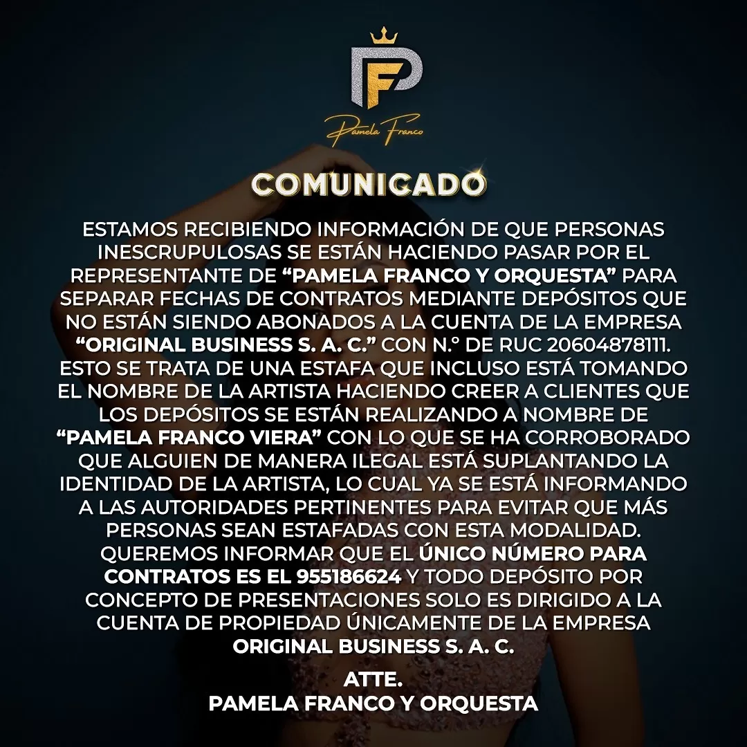 Pamela Franco denunció estafa en sus redes sociales. Fuente: Instagram