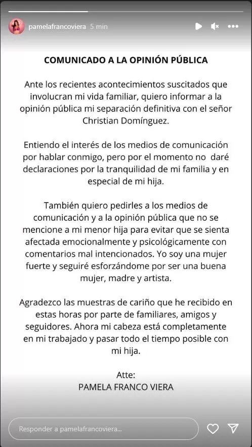 Comunicado de Pamela Franco anunciando el final de su relación con Christian Domínguez/Foto: Instagram