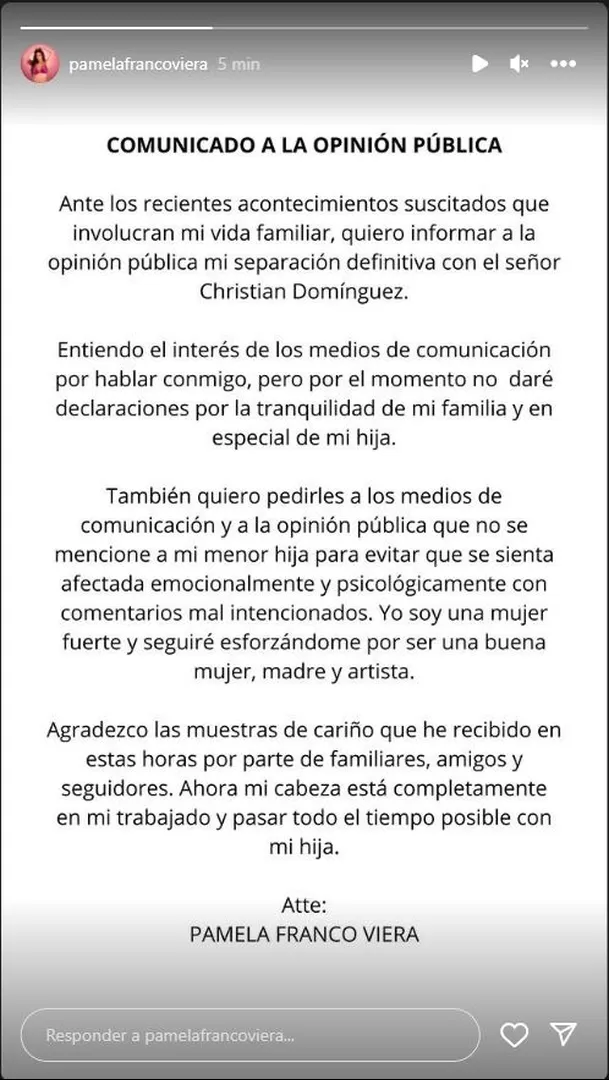 Comunicado de Pamela Franco anunciando el final de su relación con Christian Domínguez/Foto: Instagram