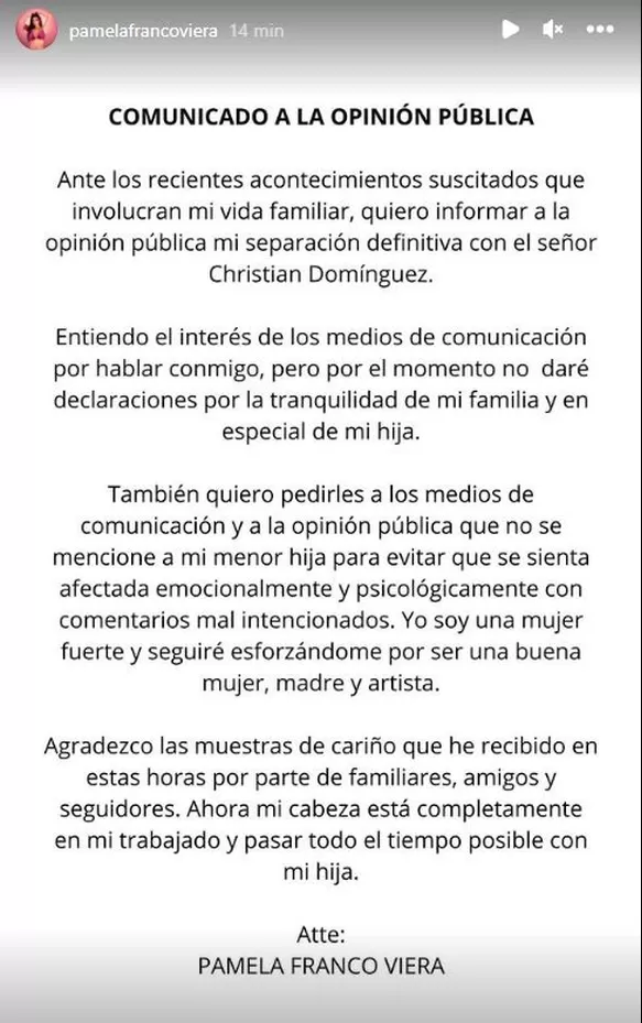 Pamela Franco anunció su separación de Christian Domínguez tras infidelidad del cantante / Instagram