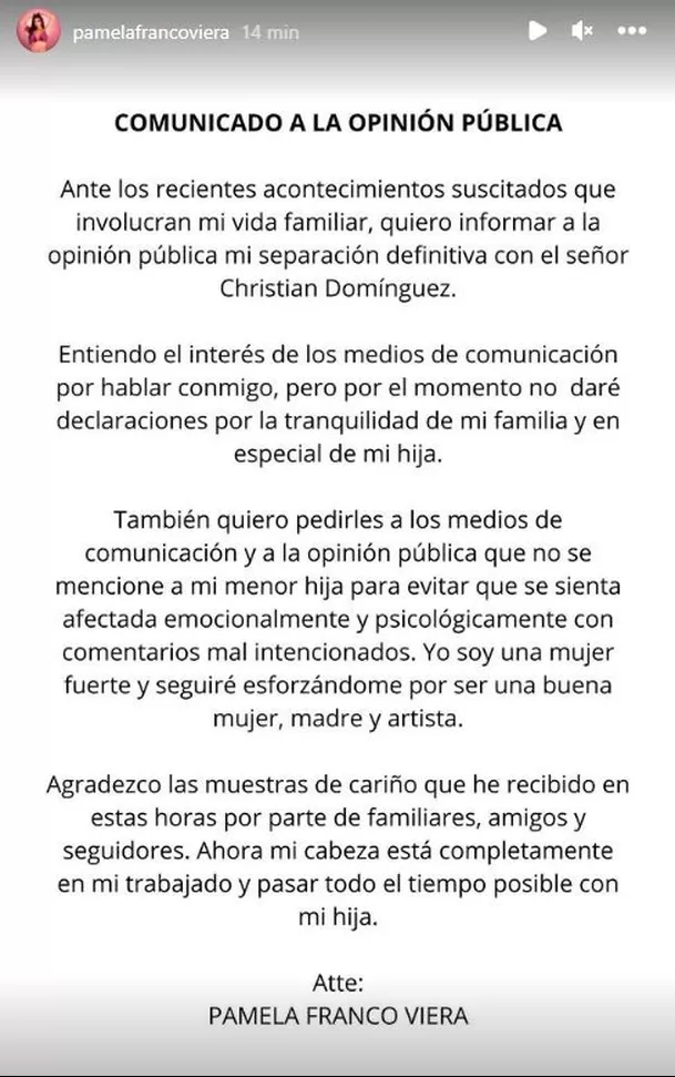 Pamela Franco anunció su separación de Christian Domínguez tras infidelidad del cantante / Instagram