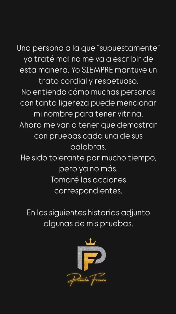 Comunicado de Pamela Franco tras ser acusada de maltatato / Instagram Comunicado de Pamela Franco tras ser acusada de maltatato / Instagram