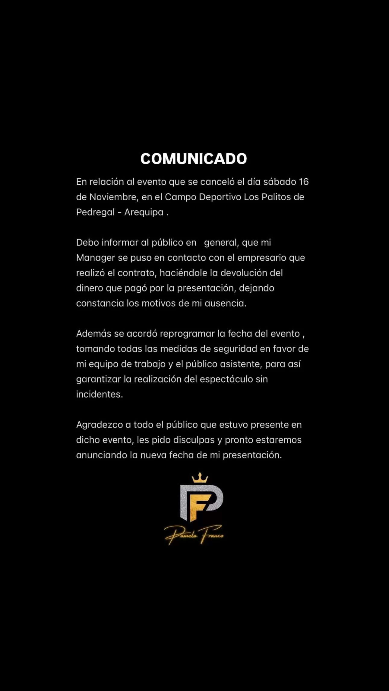 Comunicado de Pamela Franco sobre su concierto en Arequipa / Instagram