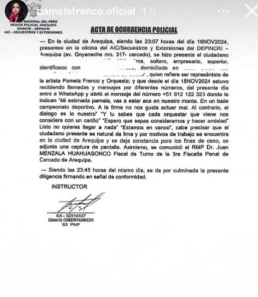 Acta de denuncia con los mensajes extorsivos a Pamela Franco / Instagram