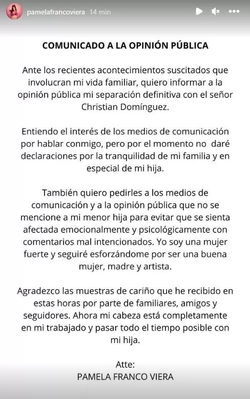 Pamela Franco anunció su separación de Christian Domínguez tras infidelidad del cantante. Fuente: Instagram