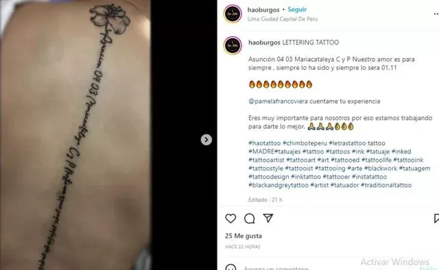 Así es el tatuaje que Pamela Franco se realizó como prueba de amor a Christian Domínguez en junio del 2022/Foto: Instagram