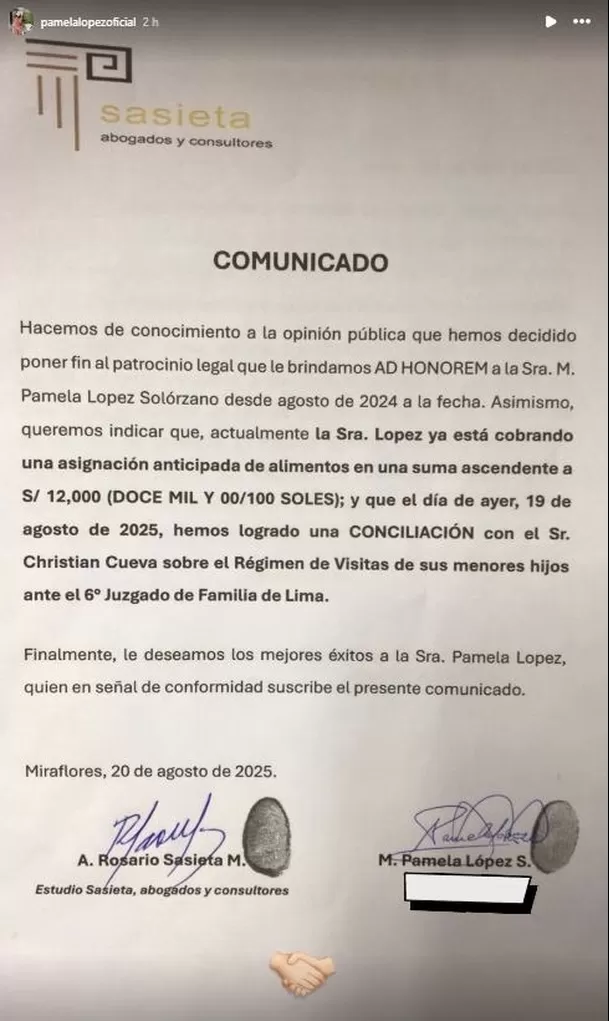 Comunicado de la doctora Rosario Sasieta. Fuente: Instagram