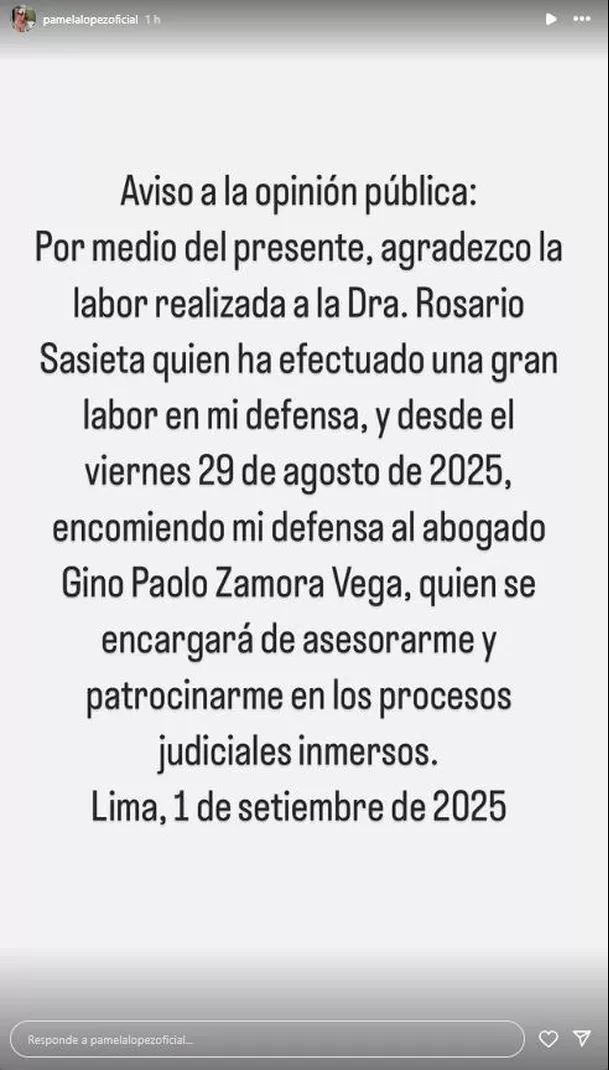 Comunicado de Pamela López. Fuente: Instagram