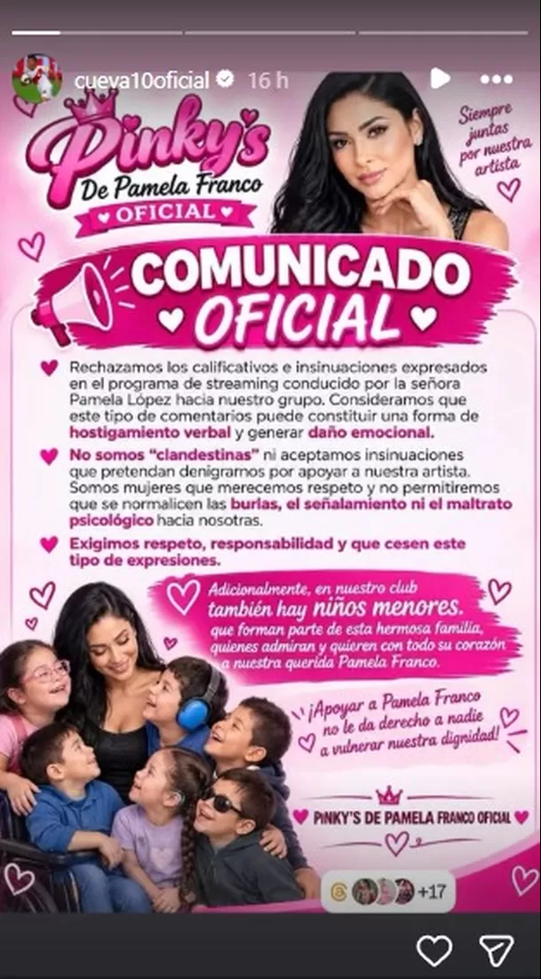 A través de un comunicado, el grupo Pinky’s de Pamela Franco Oficial rechazó las palabras expresadas/ Captura