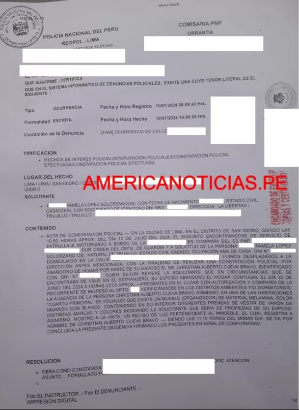 La web de América Noticias consiguió en exclusiva la denuncia policial que hizo Pamela López por abandono de hogar a Christian Cueva/Foto: web América Noticias