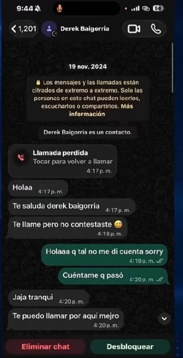 Pamela López mostró conversaciones que habría mantenido con Derek Baigorria, hermano menor de Alejandra Baigorria, y dejó ver los mensajes que recibió luego de un supuesto contacto por un tema laboral. Video: Instagram @elchicodelascriticas Pamela López mostró conversaciones que habría mantenido con Derek Baigorria, hermano menor de Alejandra Baigorria, y dejó ver los mensajes que recibió luego de un supuesto contacto por un tema laboral. Video: Instagram @elchicodelascriticas