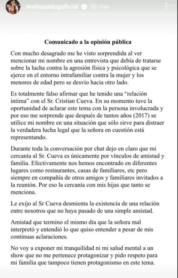 Comunicado de Melissa Klug tras fuerte acusación de Pamela López / Instagram