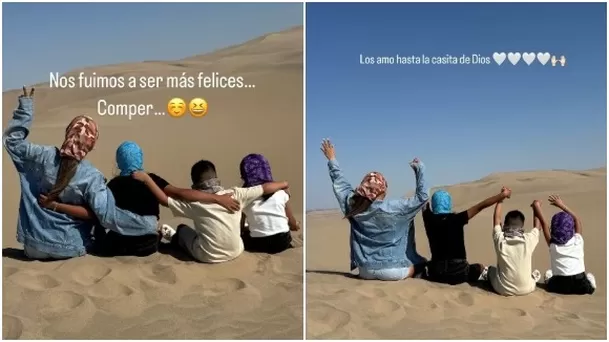 Pamela López junto a sus hijos en las dunas de la Huacachina . Fuente: Instagram Pamela López junto a sus hijos en las dunas de la Huacachina . Fuente: Instagram