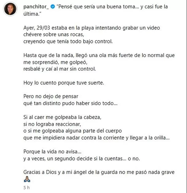 Pancho Rodríguez relató su accidente en el mar tras ser sorprendido por una ola. Foto: Instagram Pancho Rodríguez relató su accidente en el mar tras ser sorprendido por una ola. Foto: Instagram