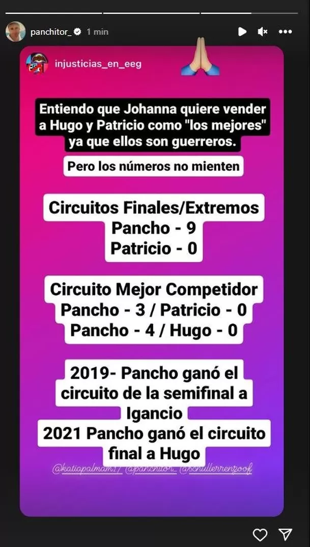 El lapidario mensaje de Instagram de Pancho Rodríguez en alusión al rendimiento de Patricio Parodi y Hugo García/Foto: Instagram