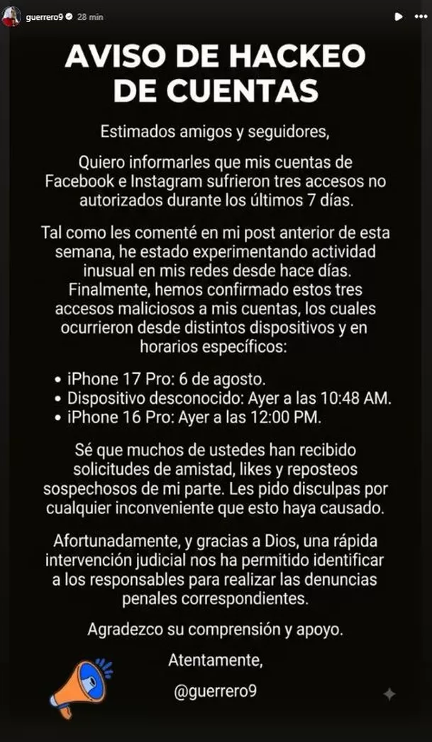 Paolo Guerrero denunció hackeo masivo de sus redes sociales / IG: guerrero9