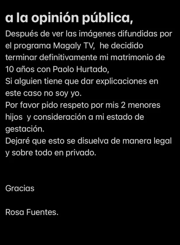 Rosa Fuentes anunció su separación de Paolo Hurtado tras el ampay del futbolista con Jossmery Toledo / Instagram
