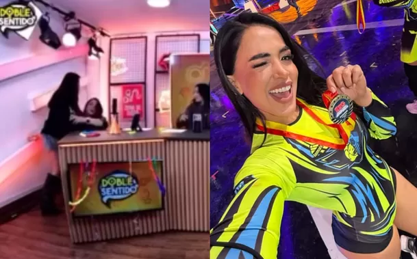 Mientras recibía a Milenka Nolasco como invitada, Molina cayó de espaldas en plena presentación. Foto: Doble Sentido Podcast 