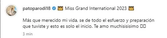 Patricio Parodi dedicó romántico mensaje tras la coronación de Luciana Fuster como Miss Grand 2023