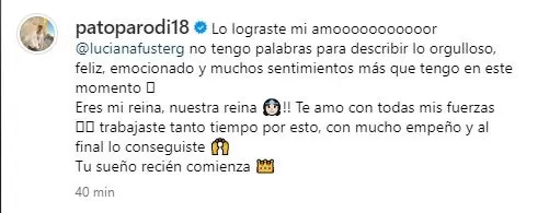 Mensaje publicado por Patricio Parodi tras la coronación de Luciana Fuster como Miss Grand International 2023/Foto: Instagram