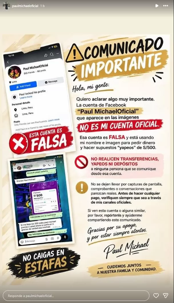 Paul Michael hace fuerte denuncia tras descubrir perfil falso que pide miles de soles a su nombre / IG:paulmichaeloficial