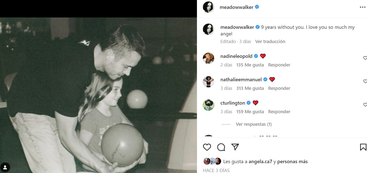 Paul Walker: “Te quiero mucho, mi ángel”, el conmovedor mensaje de Meadow, hija del actor 