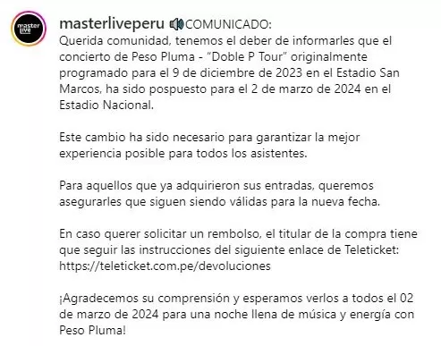 La empresa Master Live anunció los motivos del porqué se reprogramó el 'Doble P Tour'/Foto: Instagram