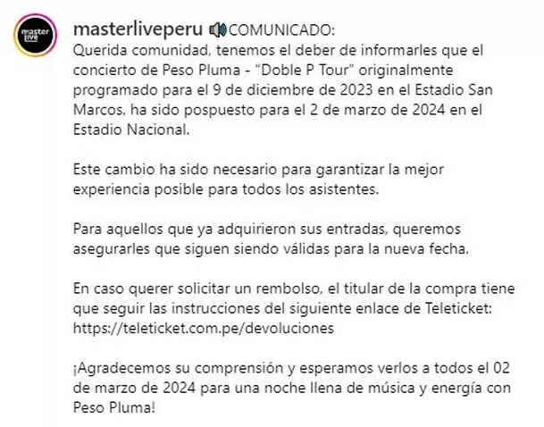 La empresa Master Live anunció los motivos del porqué se reprogramó el 'Doble P Tour'/Foto: Instagram La empresa Master Live anunció los motivos del porqué se reprogramó el 'Doble P Tour'/Foto: Instagram