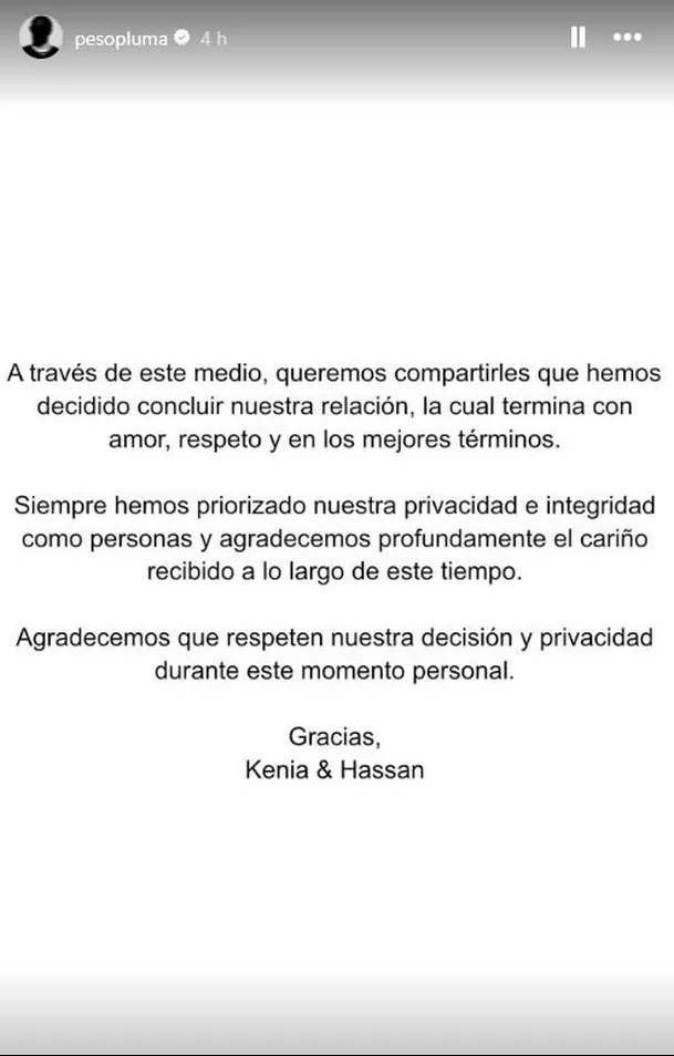 Comunicado de Peso Pluma para anunciar su separación de Kenia Os / IG: @pesopluma Comunicado de Peso Pluma para anunciar su separación de Kenia Os / IG: @pesopluma