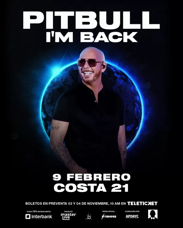 Pitbull hará bailar a todos sus seguidores peruano en el Costa 21 / IG: @masterliveperu Pitbull hará bailar a todos sus seguidores peruano en el Costa 21 / IG: @masterliveperu