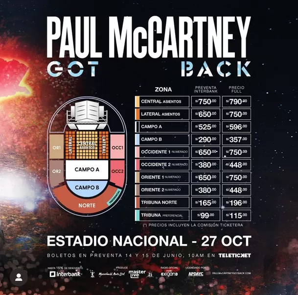 Los precios de las entradas para el concierto de Paul McCartney en Lima / Difusión