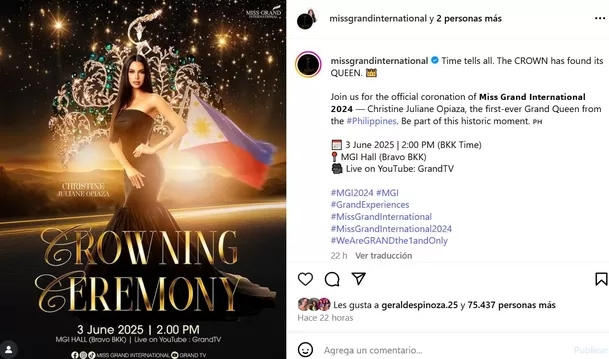 La organización del Miss Grand International presentó a Christine Opiaza por todo lo alto / Instagram