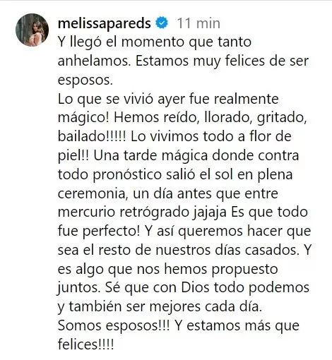 Mensaje de Melissa Paredes tras casarse con Anthony Aranda/Foto: Instagram