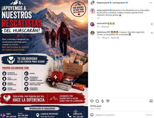 La actriz compartió un emotivo mensaje dedicado a Alejandro "Chicho" Ugarte Jordán, uno de los tres andinistas desaparecidos durante una expedición en el nevado Huascarán Video: Instagram La actriz compartió un emotivo mensaje dedicado a Alejandro "Chicho" Ugarte Jordán, uno de los tres andinistas desaparecidos durante una expedición en el nevado Huascarán Video: Instagram
