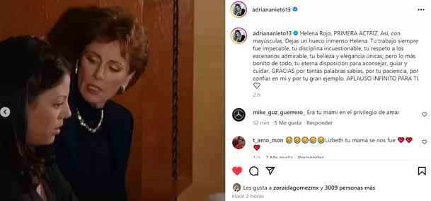 Adriana Nieto se despidió de su "madre" Helena Rojo / Instagram