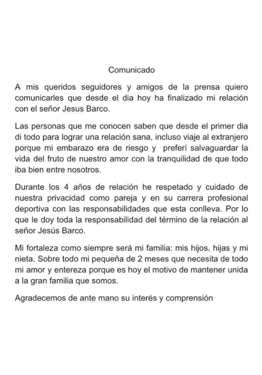 Comunicado de Melissa Klug confirmando separación de Jesús Barco. Fuente: Instagram