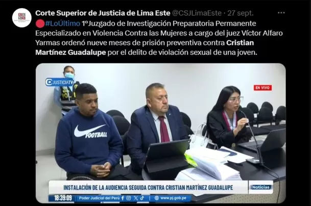 Poder Judicial dictó 9 meses de prisión preventiva pra Cristian Martínez Guadalupe/Foto: X