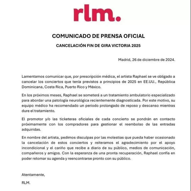 Agencia de prensa de Rphael anunció la cancelación de su gira 'Victoria 2025'/Foto: Instagram