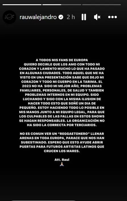 Comunicado de Rauw Alejandro donde anuncia tomará acciones legales por fallas en sus presentaciones en Europa/ Foto: Instagram