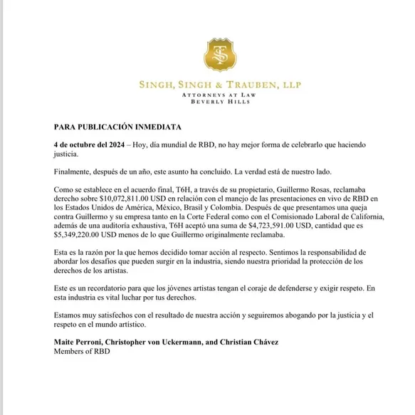 RBD ganó proceso judicial contra Guillermo Rosas