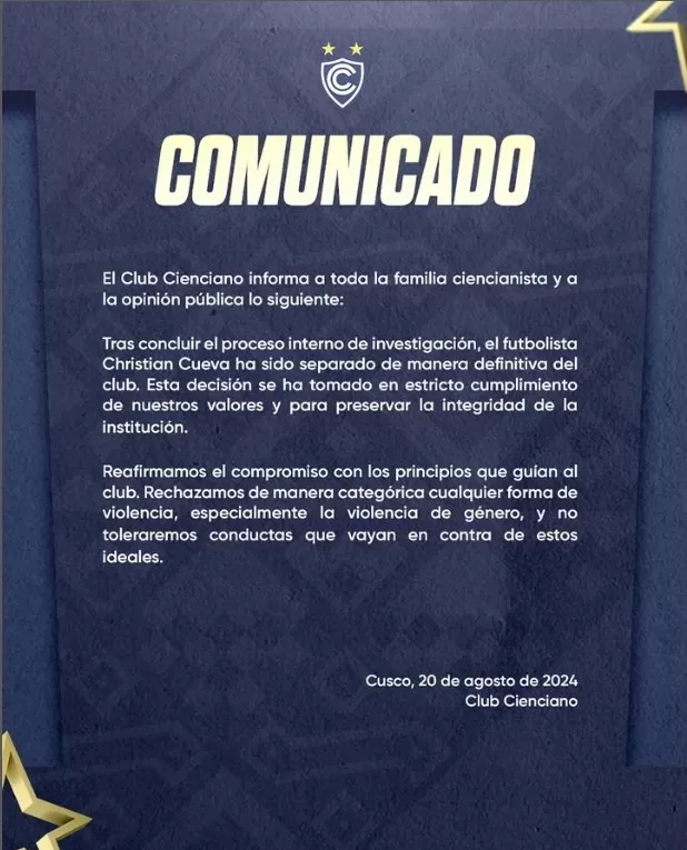 Cienciano envió un comunicado anunciando el despido de Christian Cueva/Foto: Instagram