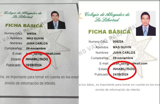 Este es el documento que demostró la inhabilitción del abogado defensor de Christian Cueva Juan Carlos Mas/Foto: Colegio de Abogados de La Libertad