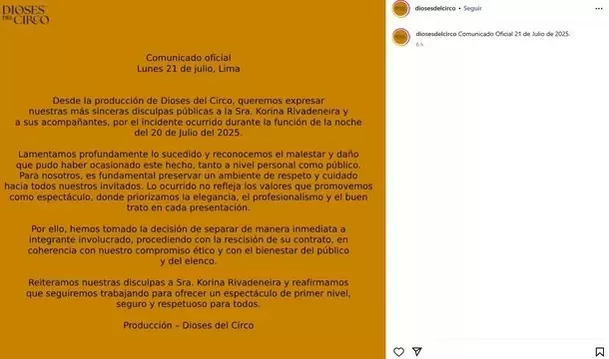 Comunicado de 'Circo de los Dioses' tras la falta de respeto a Korina Rivadeneira. Fuente: Instagram Comunicado de 'Circo de los Dioses' tras la falta de respeto a Korina Rivadeneira. Fuente: Instagram