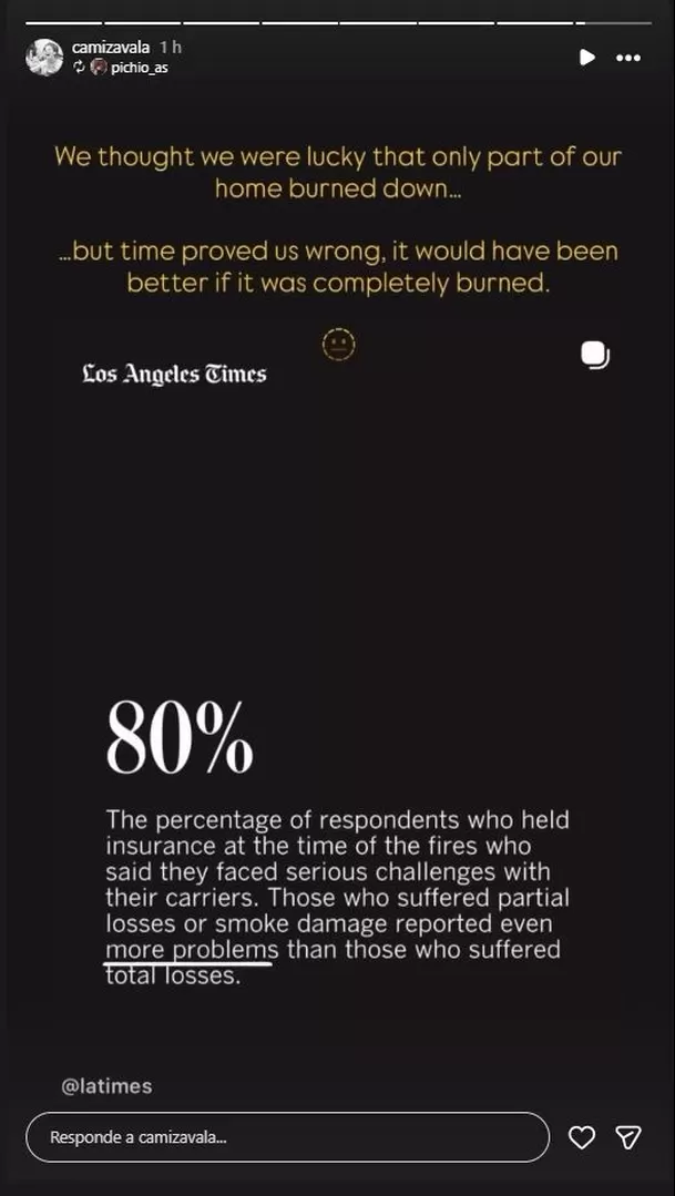 Camila Zavala mostró fotos del estado en que quedó su casa tras el incendio en Los Ángeles. Foto: Instagram Camila Zavala mostró fotos del estado en que quedó su casa tras el incendio en Los Ángeles. Foto: Instagram