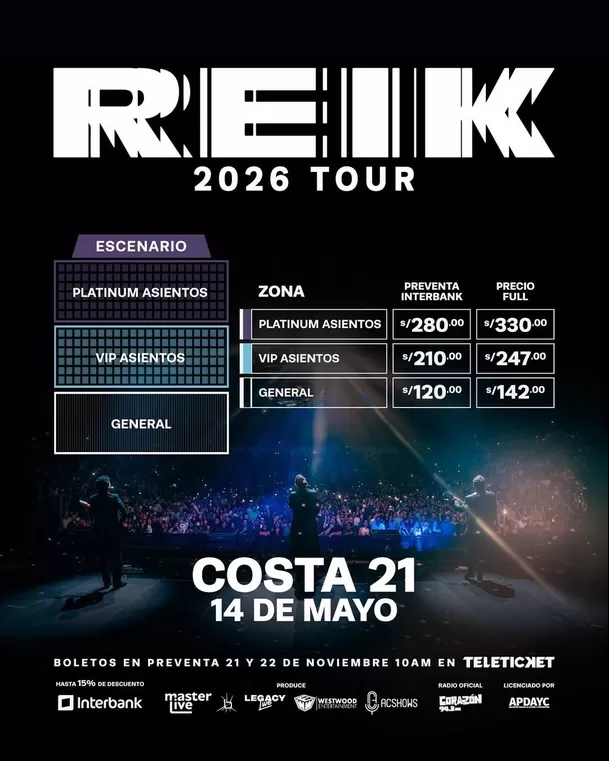 Precios de entradas para el concierto de Reik en Lima en 2026 / Instagram Precios de entradas para el concierto de Reik en Lima en 2026 / Instagram