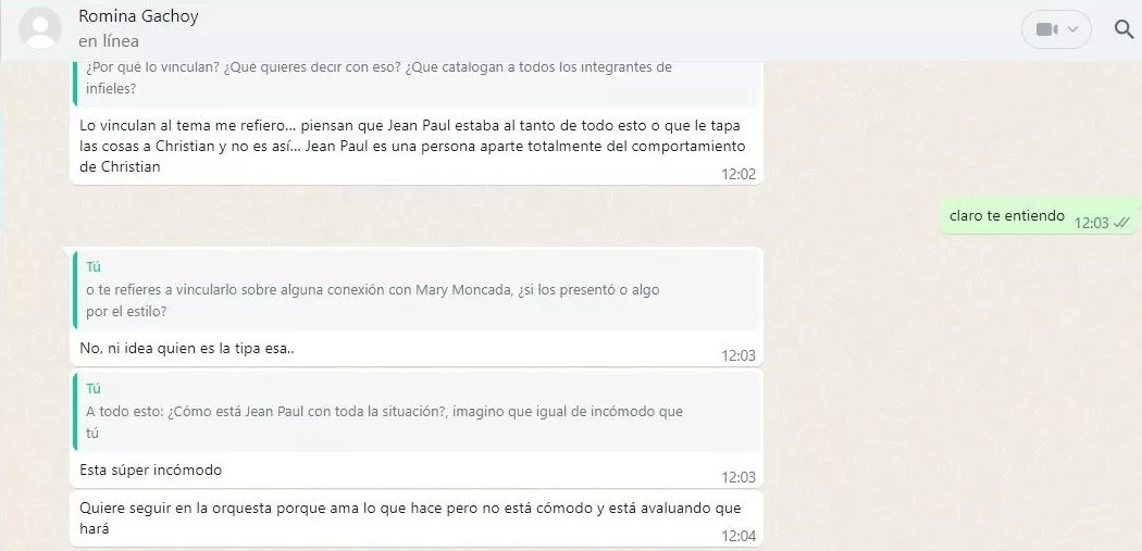 Romina Gachoy mostró su incomodidad tras ampay de Christian Domínguez debido a que indirectamente vinculan a los integrantes de 'Gran Orquesta'/Captura: WhatsApp