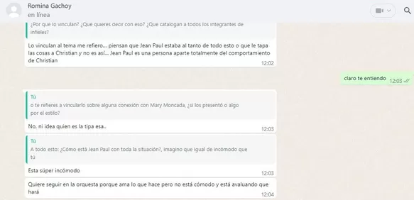 Romina Gachoy mostró su incomodidad tras ampay de Christian Domínguez debido a que indirectamente vinculan a los integrantes de 'Gran Orquesta'/Captura: WhatsApp