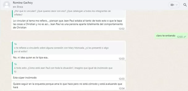 Romina Gachoy mostró su incomodidad tras ampay de Christian Domínguez debido a que indirectamente vinculan a los integrantes de 'Gran Orquesta'/Captura: WhatsApp