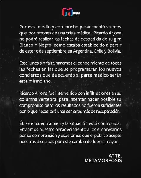 Comunicado sobre la preprogramación de lso conciertos de Ricardo Arjona por sus problemas lumbares en septiembre de este año/Foto: Instagram